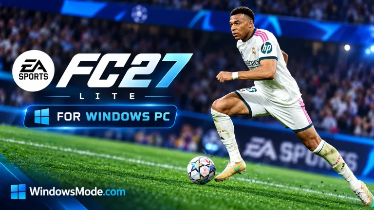 EA SPORTS FC 27 Lite for Windows PC artwork with Kylian Mbappe running with the ball in a Real Madrid kit under stadium lights