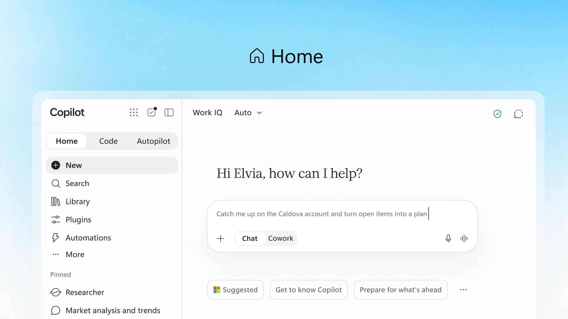 Copilot Home screen with a prompt box that switches between Chat and Cowork, and a sidebar with Search, Library, Plugins and Automations