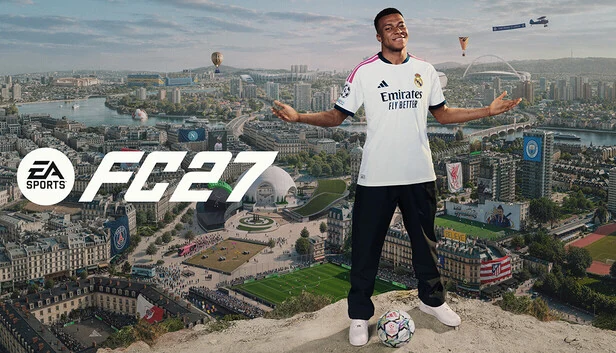 EA SPORTS FC 27 cover art showing Kylian Mbappe with arms spread above a city of stadiums and street pitches