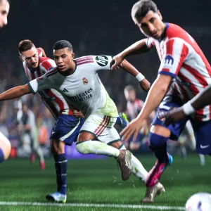A forward in a white kit dribbles past defenders in red and white stripes