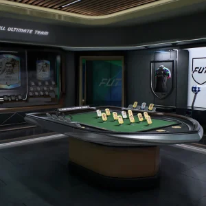 The Football Ultimate Team club room with framed player items on the wall, a tactics table and two club shirts in display cases