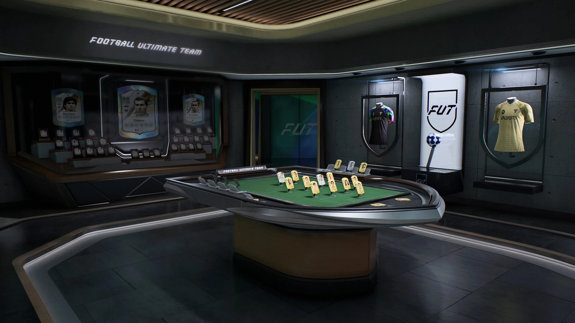The Football Ultimate Team club room with framed player items on the wall, a tactics table and two club shirts in display cases