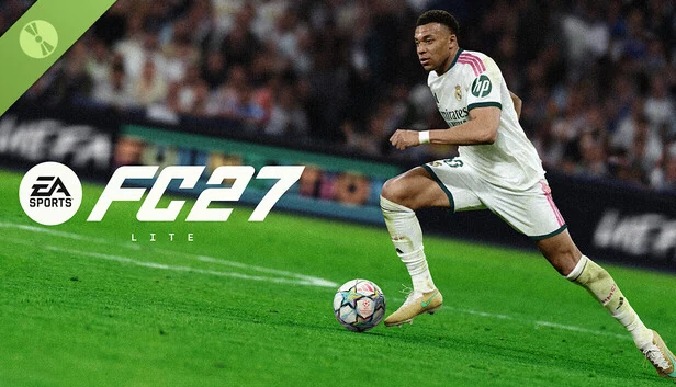EA SPORTS FC 27 Lite cover art showing Kylian Mbappe running with the ball in a Real Madrid kit beside the FC 27 Lite logo