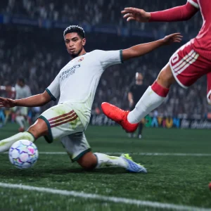 A player in a white kit slides in to win the ball from an opponent in red