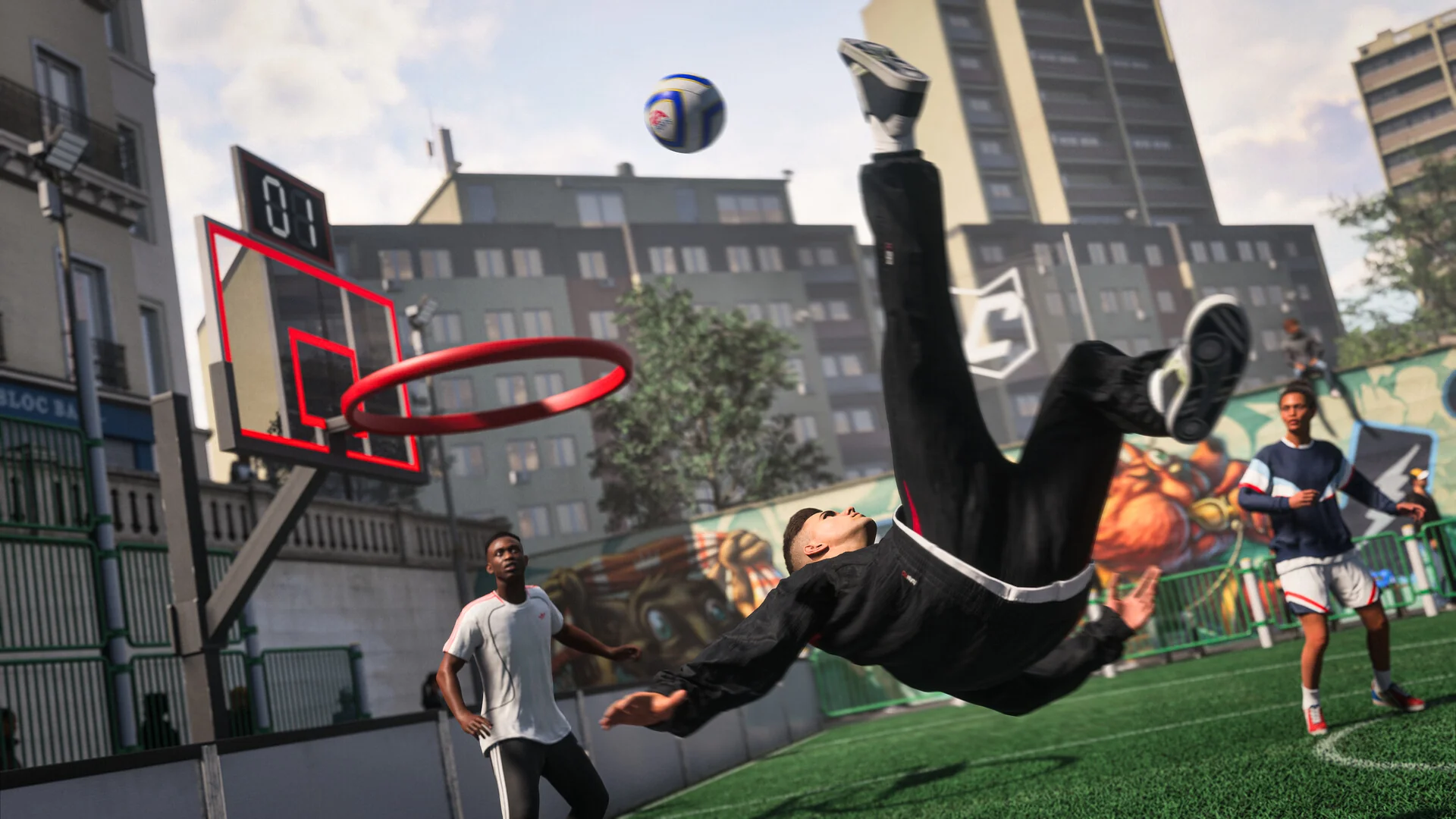 A player in a black tracksuit attempts a bicycle kick on a caged street pitch in The Grounds, with a basketball hoop and apartment blocks behind