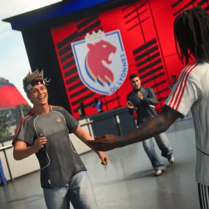 Two avatars greet each other in front of a large red club crest on a building in The Grounds