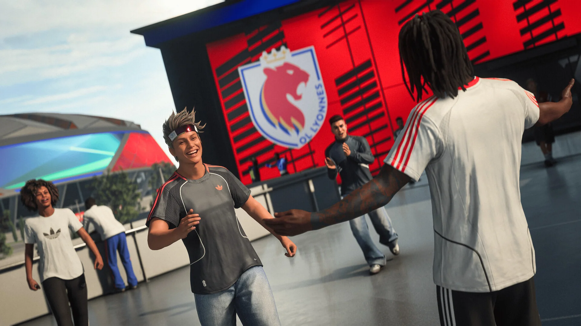 Two avatars greet each other in front of a large red club crest on a building in The Grounds