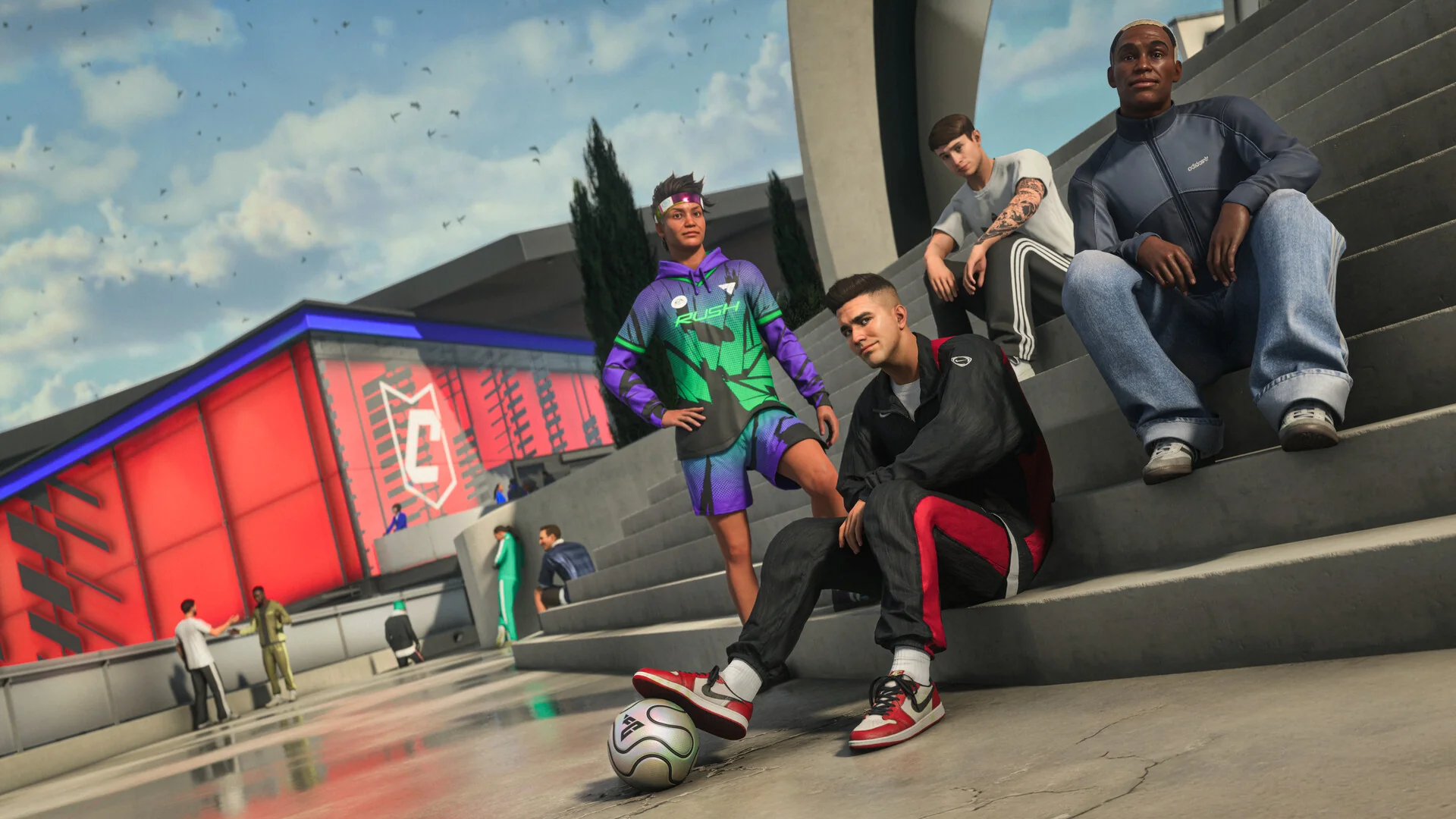 Four custom player avatars in streetwear sit on concrete steps outside a red Clubs building in The Grounds