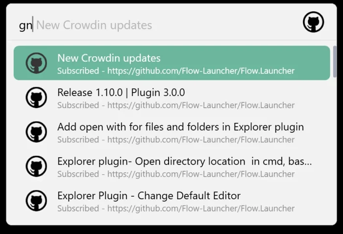 Flow Launcher showing GitHub repository results from the GitHub plugin