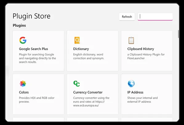 The Flow Launcher plugin store listing available plugins inside Settings The Flow Launcher plugin store listing available plugins inside Settings