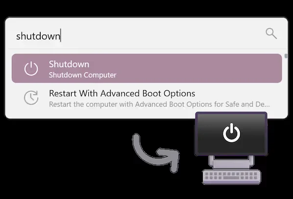 Flow Launcher showing the shutdown system command in the results list