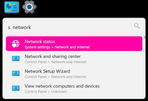 Flow Launcher listing Windows network settings pages from a settings search