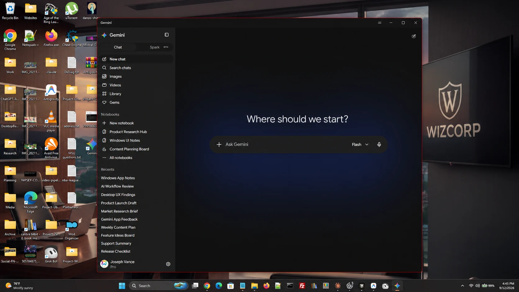 The Gemini app window open over a Windows desktop, with the chat sidebar on the left and a prompt box in the center