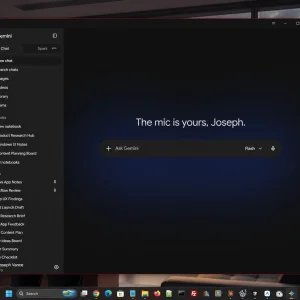 The Gemini app open on a Windows desktop showing the personalised greeting above the prompt box