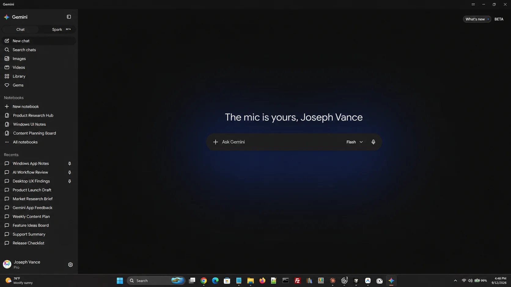 The Gemini for Windows sidebar showing New chat, Search chats, Images, Videos, Library and Gems above a list of notebooks and recent chats