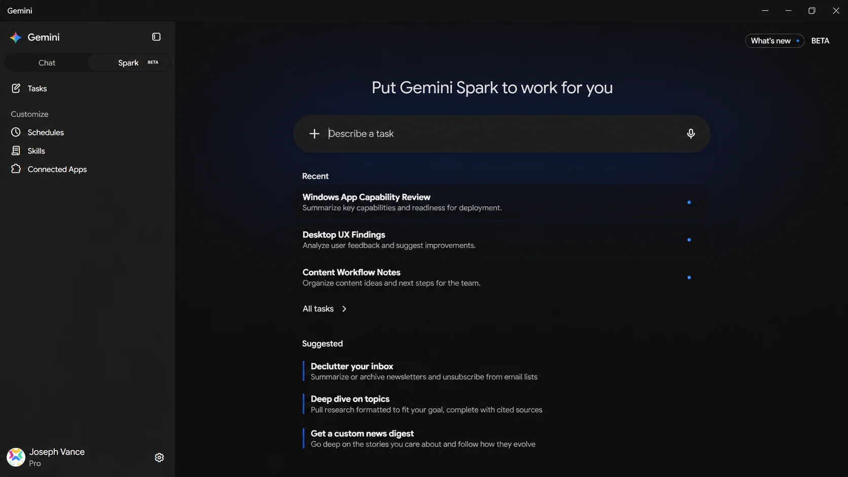 The Gemini Spark tab in the Windows app, with a task box, a list of recent tasks and suggested tasks below it
