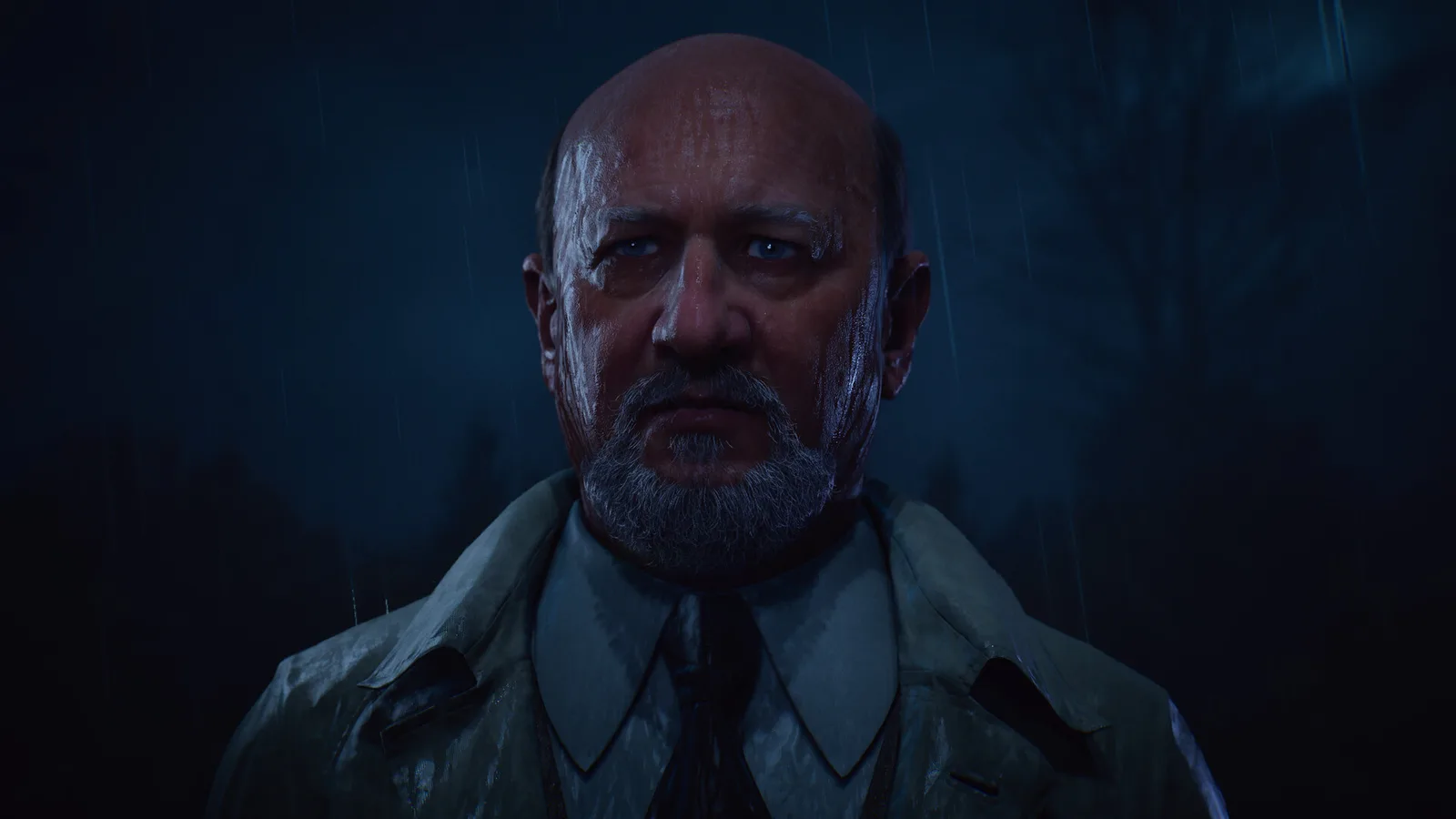 A bald bearded man in a soaked trench coat standing in heavy night rain, lit in cold blue