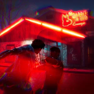 Two characters struggling outside a bar at night under a red neon lounge sign