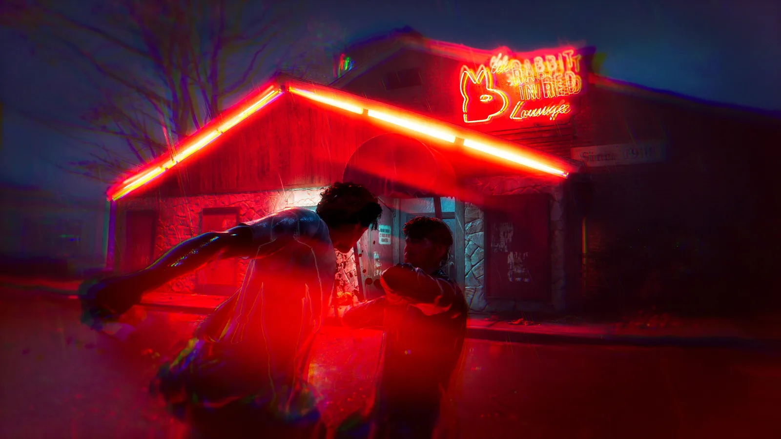 Two characters struggling outside a bar at night under a red neon lounge sign