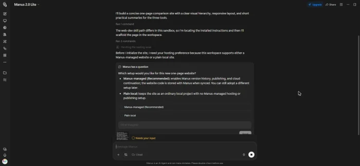 Manus pausing a website task to ask whether to use Manus-managed hosting or a plain local site