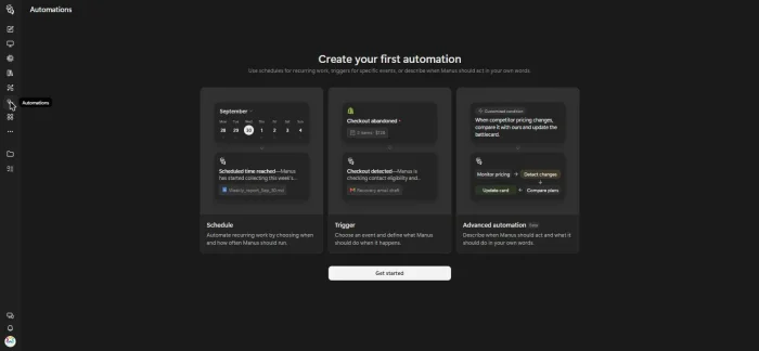 Manus Automations page offering Schedule, Trigger and Advanced automation types