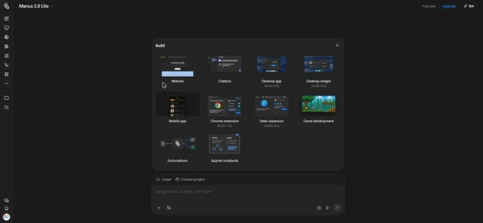 Manus Build menu with website, chatbot, desktop app, desktop widget, mobile app, browser extension, game, automation and Jupyter notebook options