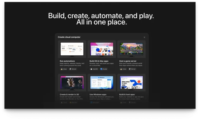 Create cloud computer menu in Manus with options to run automations, build apps, host a game server, render in 3D and use Windows apps