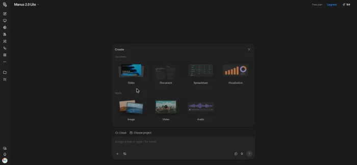 Manus Create menu with slides, document, spreadsheet, visualization, image, video and audio options