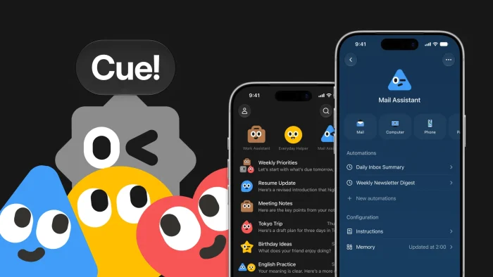 Cue app on two phones showing personal agents such as a Mail Assistant with its own mail, computer and phone
