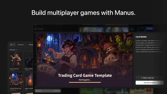 Manus Game Dev starting a trading card game template with its character assets beside it