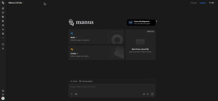 Manus home screen on the free plan with Manus 2.0 Lite selected and Build, Create and Start from a local file cards