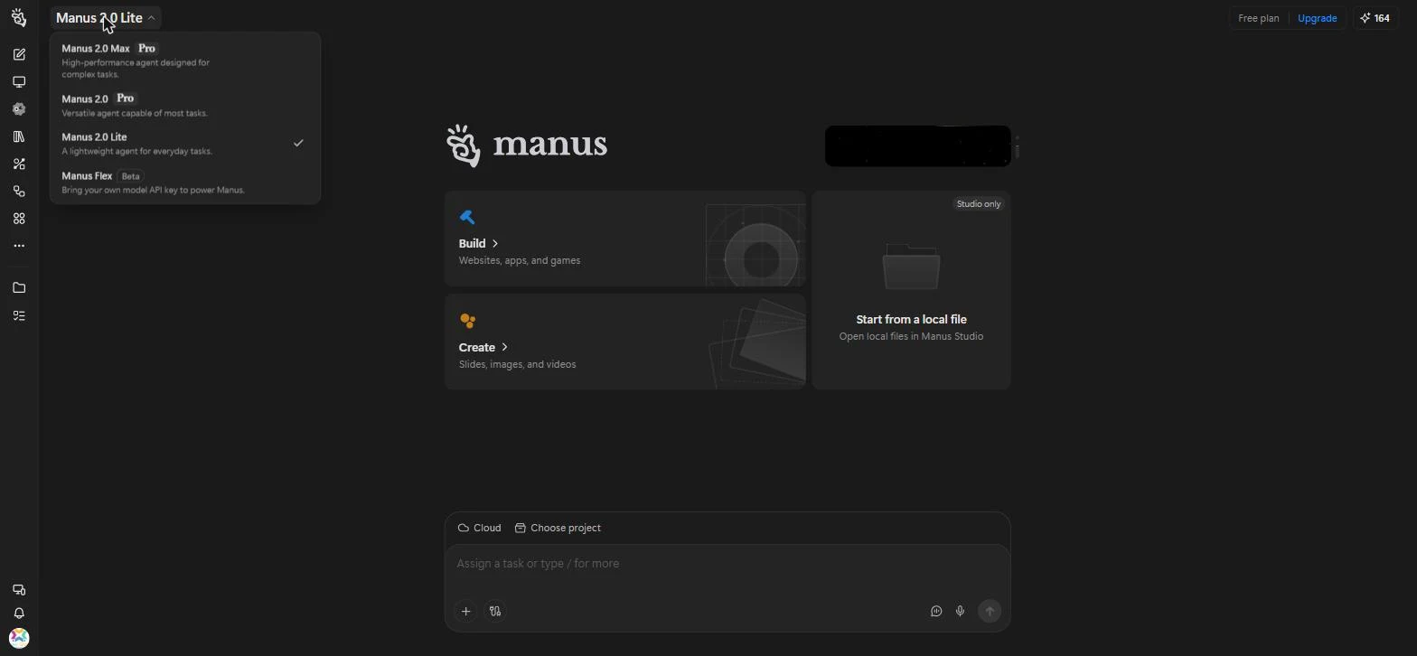 Manus model picker listing Manus 2.0 Max and Manus 2.0 for Pro users, the free Manus 2.0 Lite, and Manus Flex in beta