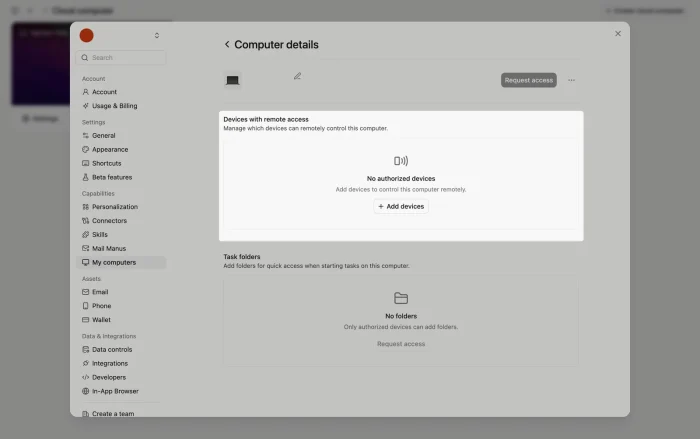 Manus computer details screen for choosing which devices can remotely control this computer
