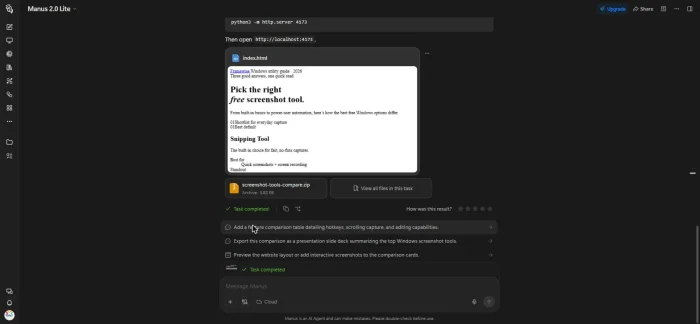 Finished Manus task showing the generated index.html page, a downloadable zip and suggested follow-up tasks