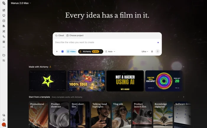 Manus video creation screen with Alchemy mode and templates such as promotional ad, product showcase and vlog edit