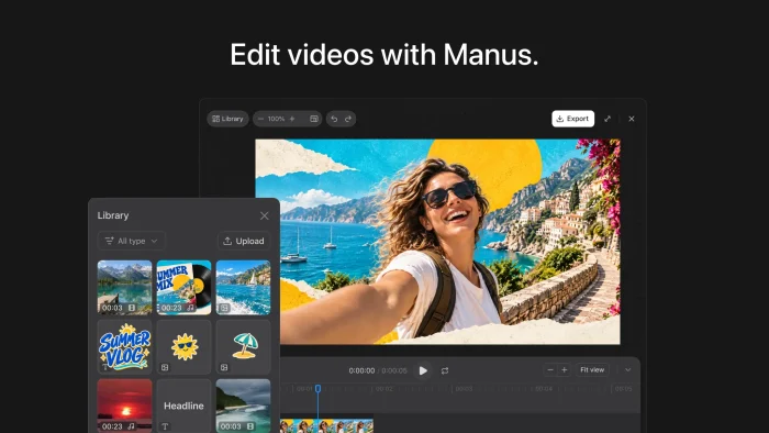 Manus Video Editor with a clip library on the left and a travel video on the timeline