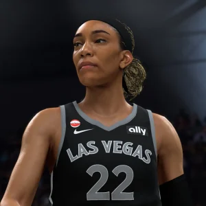 A'ja Wilson in a black Las Vegas Aces number 22 jersey on court in the The W mode of NBA 2K27