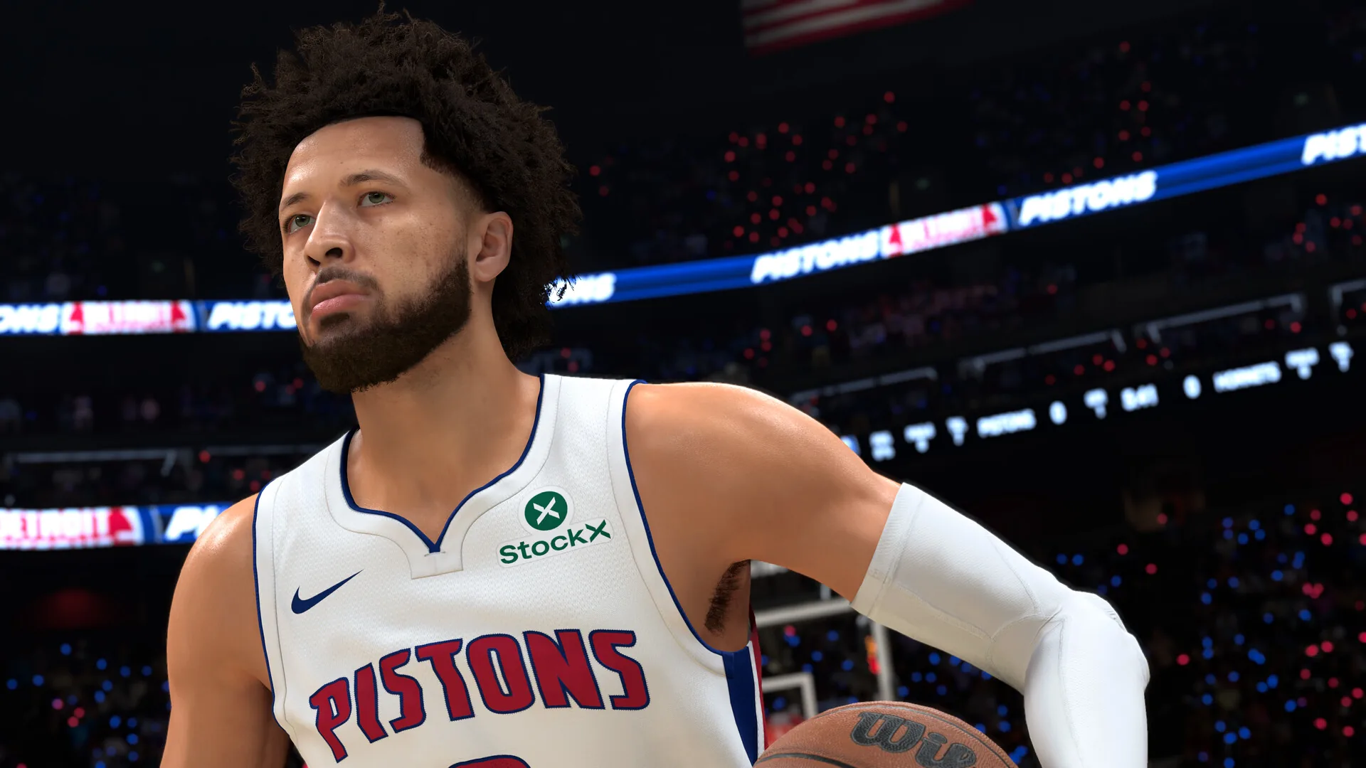 Close up of Cade Cunningham in a white Detroit Pistons jersey holding a basketball in NBA 2K27