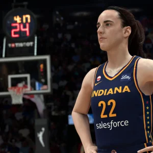 Caitlin Clark in an Indiana Fever uniform on court in the WNBA modes of NBA 2K27