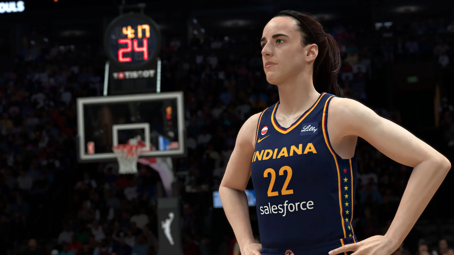 Caitlin Clark in an Indiana Fever uniform on court in the WNBA modes of NBA 2K27