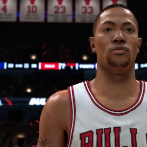 Derrick Rose in a white Chicago Bulls jersey with retired number banners hanging behind him in NBA 2K27