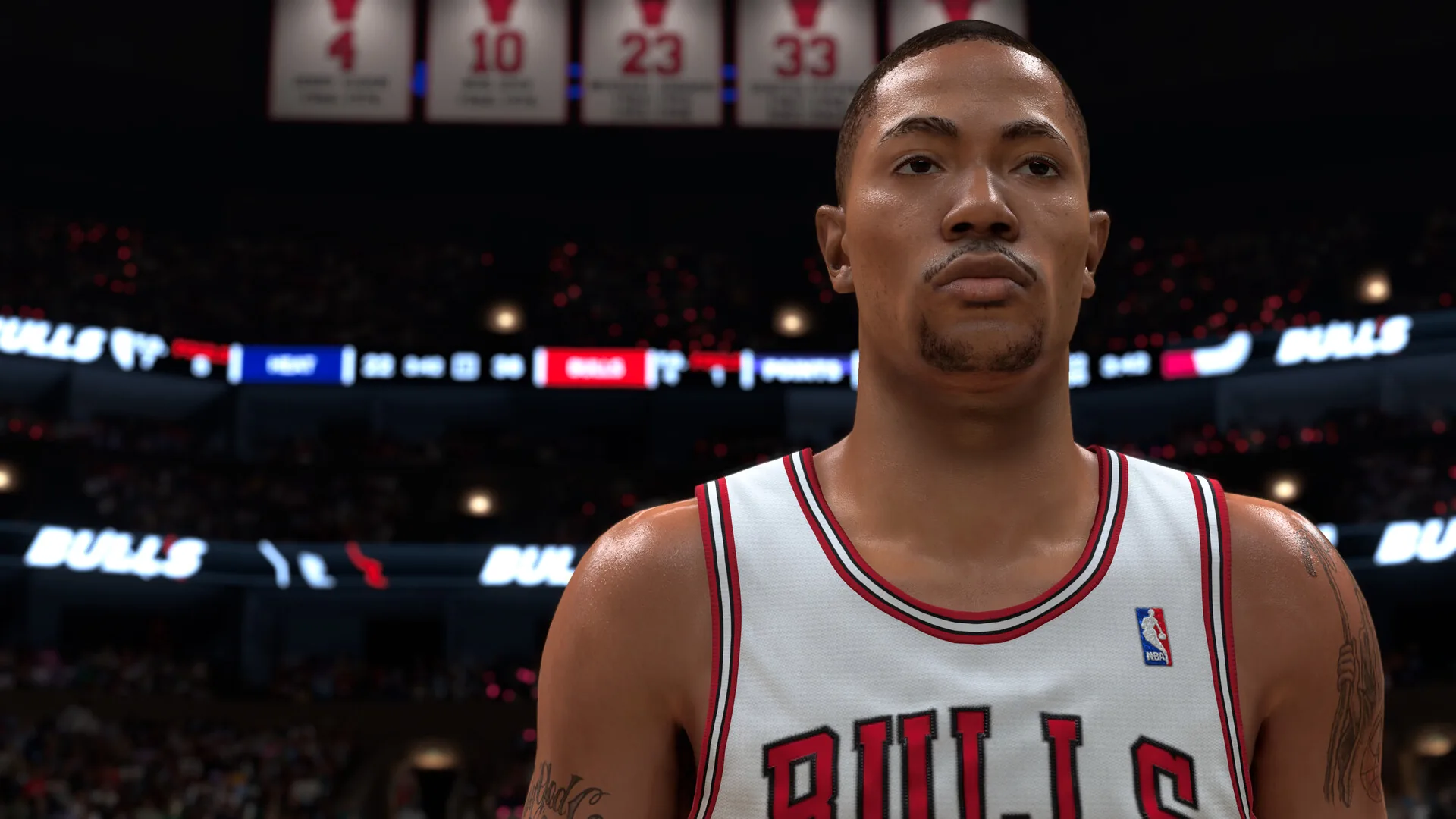 Derrick Rose in a white Chicago Bulls jersey with retired number banners hanging behind him in NBA 2K27