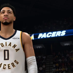Tyrese Haliburton in a white Indiana Pacers number 0 jersey inside a packed arena in NBA 2K27