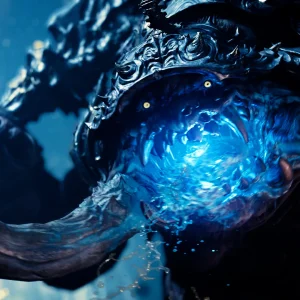 Close up of an armoured horned Genma demon with a single large glowing blue eye