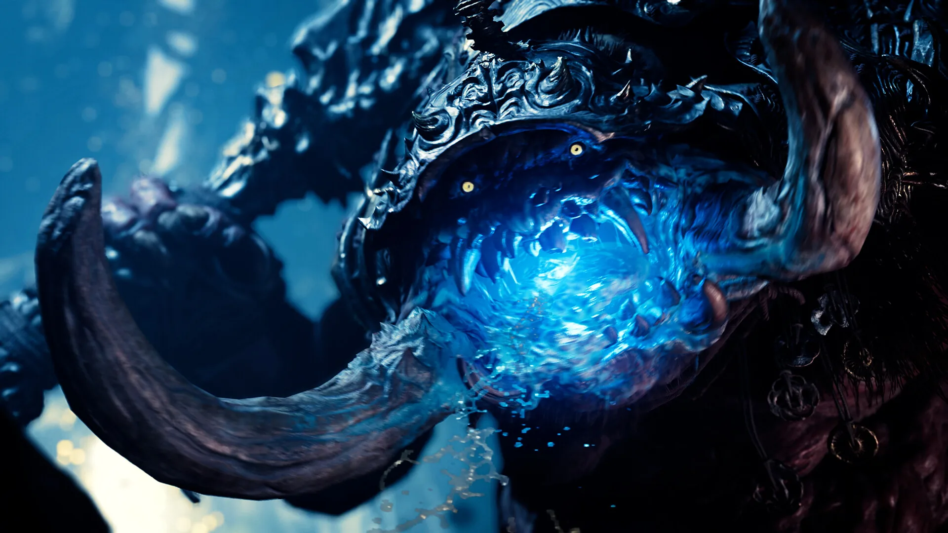 Close up of an armoured horned Genma demon with a single large glowing blue eye