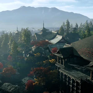 Kyoto temple rooftops in autumn
