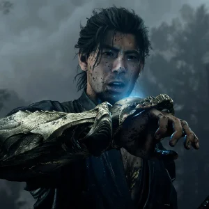 Close up of Miyamoto Musashi holding up the bone-like Oni Gauntlet on his left arm in misty woodland