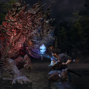 Musashi stands knee deep in a river at night facing a huge four-legged Genma covered in faces