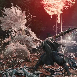 Miyamoto Musashi swings his sword at a large white plant-like Genma in a shrine courtyard littered with bodies