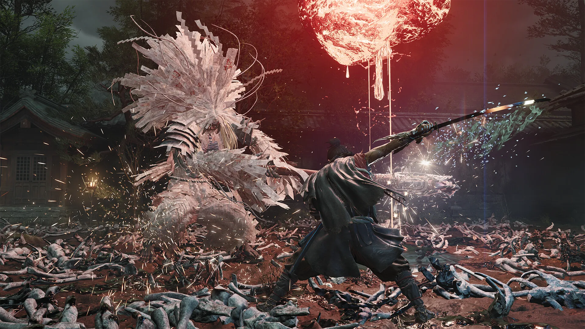 Miyamoto Musashi swings his sword at a large white plant-like Genma in a shrine courtyard littered with bodies